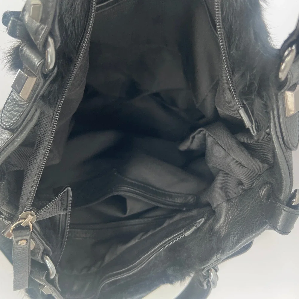 Abro‎ Black Leather & Faux Fur Studded Slouchy Shoulder Bag Dark Edgy Mob Wife